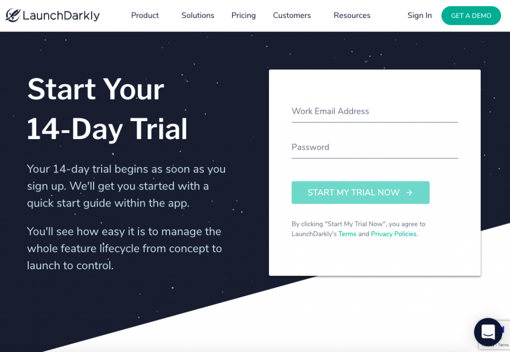 LaunchDarkly landing page call-to-action button example.